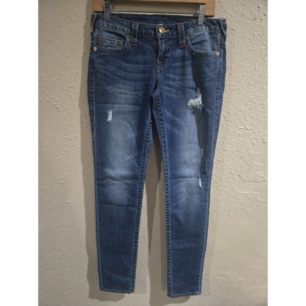 Vintage TRUE RELIGION Distressed Skinny Jeans, Bumm Wild Blue Denim, Size 28